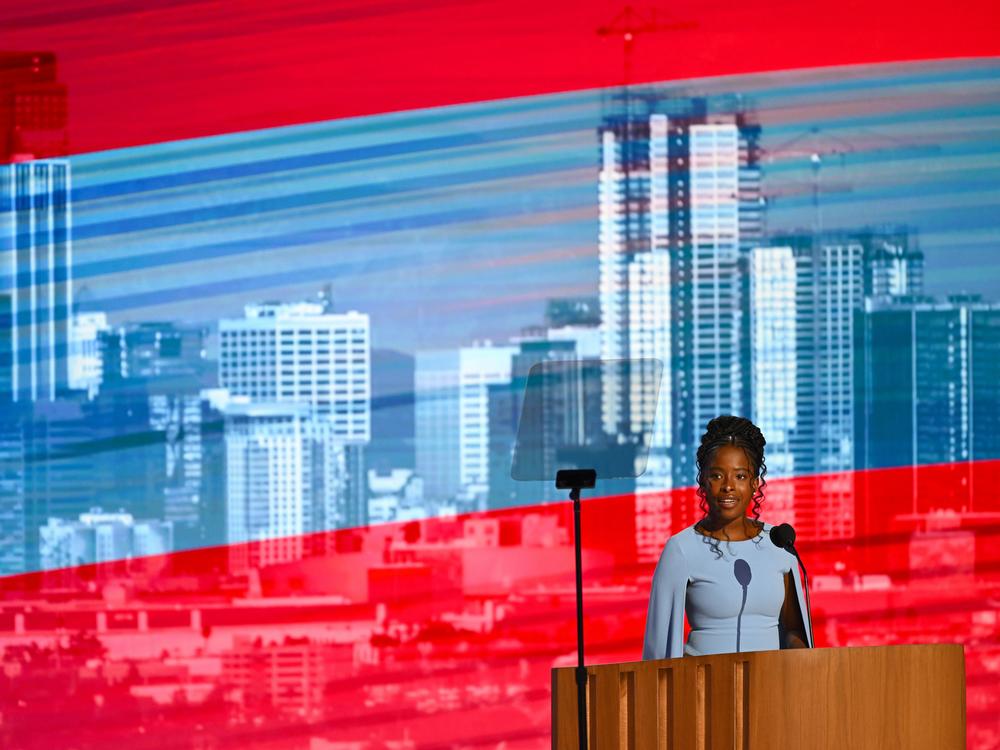 National Youth Poet Laureate Amanda Gorman speaks on stage during the third day of the Democratic National Convention in Chicago, Illinois.