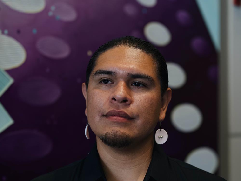 Dayne Goodheart, a Nez Perce tribal member and Idaho delegate, poses for a portrait at McCormick Place on Aug. 21. 2024.