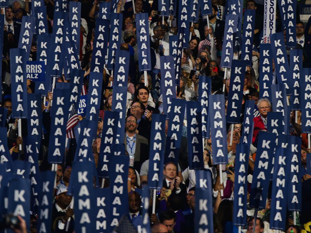 Attendees of the DNC hold up 