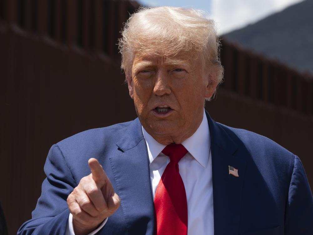 Former President Donald Trump speaks at the U.S.-Mexico border on Aug. 22 south of Sierra Vista, Ariz. 