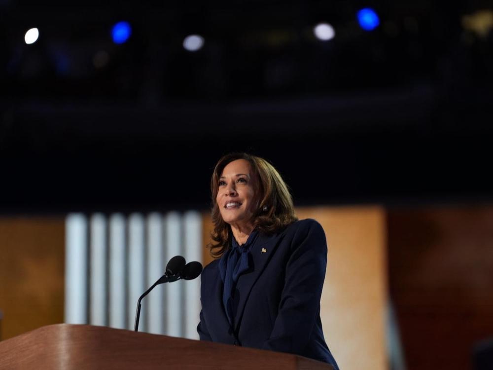 Vice President Harris delivers her speech to accept the party's nomination for president Thursday in Chicago at the end of the Democratic National Convention.
