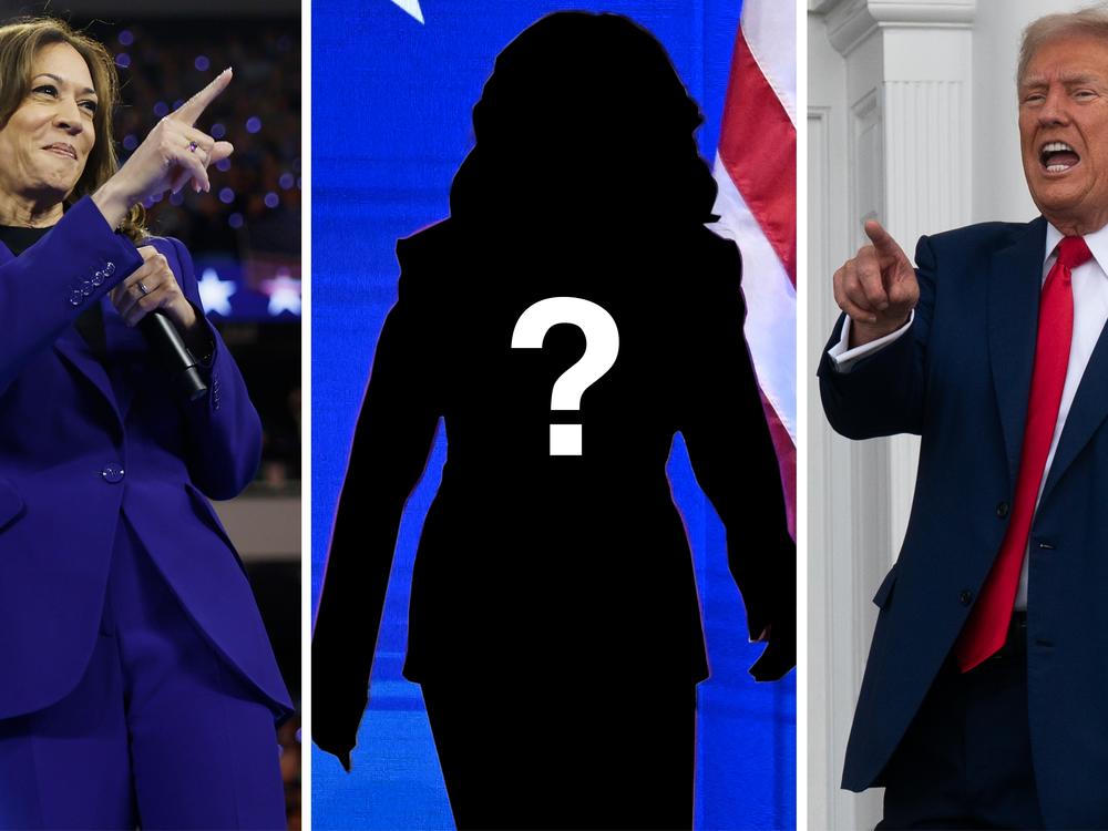  From left: Kamala Harris, mystery guest, Donald Trump.