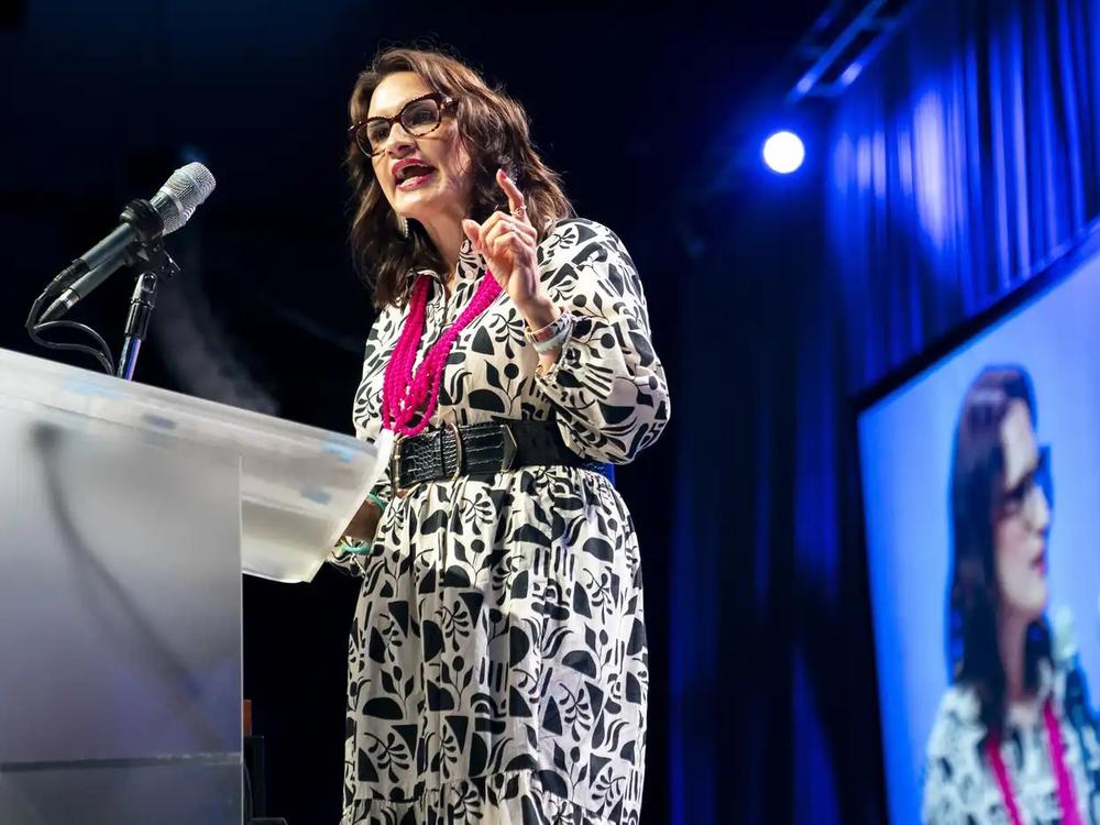 Minnesota Lt. Gov. Peggy Flanagan speaks to the crowd Saturday, June 1, 2024, during the 2024 DFL State Convention held at the Duluth Entertainment and Convention Center in Duluth. The state convention serves as an organizing body, where delegates from across Minnesota come together to conduct business of the DFL State Party. <br>