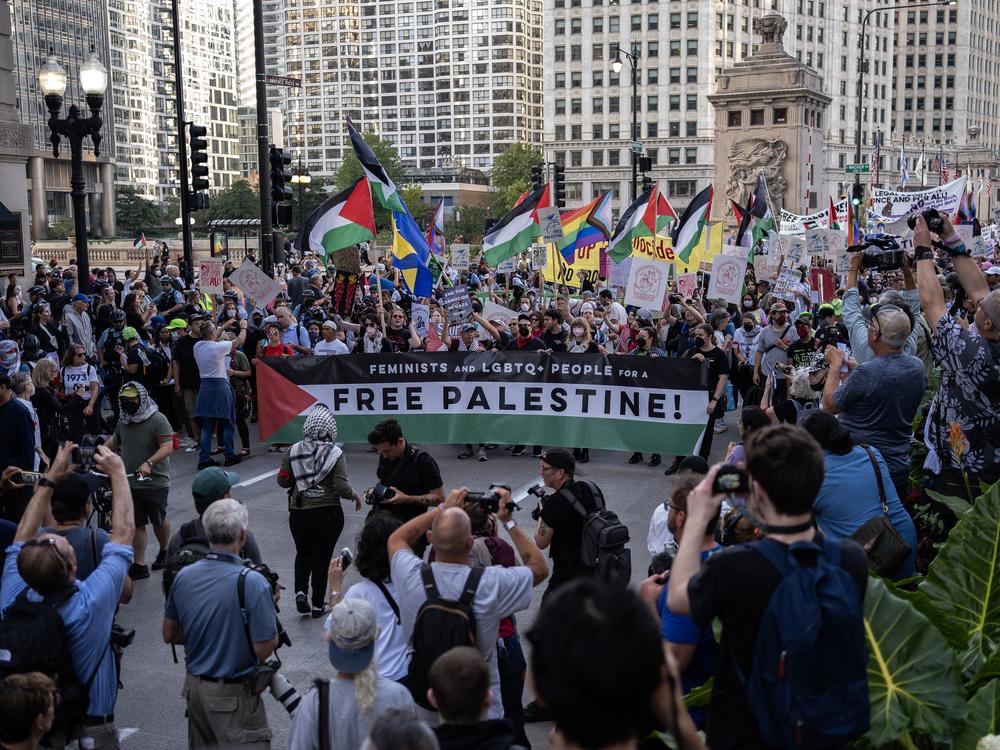 Pro-Palestine protesters march ahead of the Democratic National Convention on Aug. 18, 2024 in Chicago.