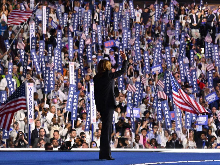Vice President Harris, the Democratic presidential nominee, arrives onstage to speak on the fourth and last day of the Democratic National Convention in Chicago on Thursday.