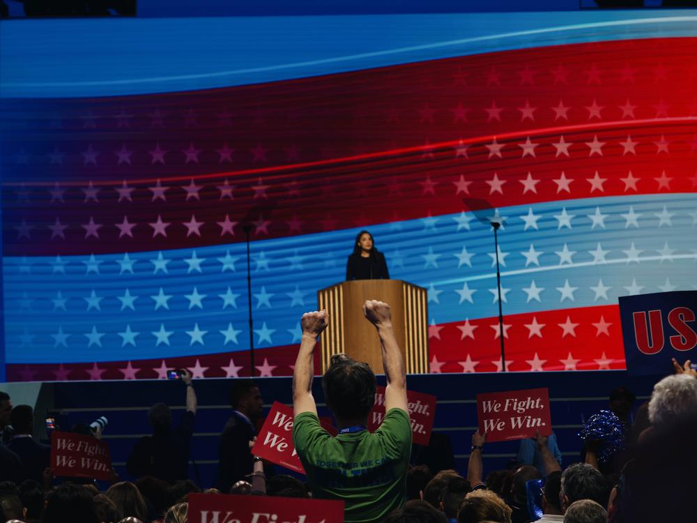 Alexandria Ocasio-Cortez speaks on the first night of the DNC.