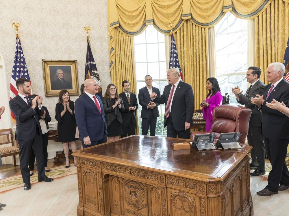 Former National Security Adviser H.R. McMaster receives a send-off from the White House staff on his last day in the Trump administration on April 6, 2018.