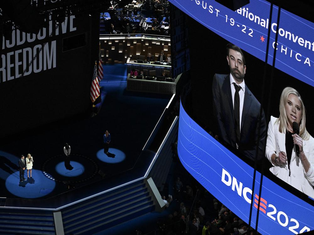 Amanda Zurawksi and Josh Zurawski (on monitor, R) speak about reproductive rights on the first day of the Democratic National Convention last week. Eva Hambach AFP via Getty Images