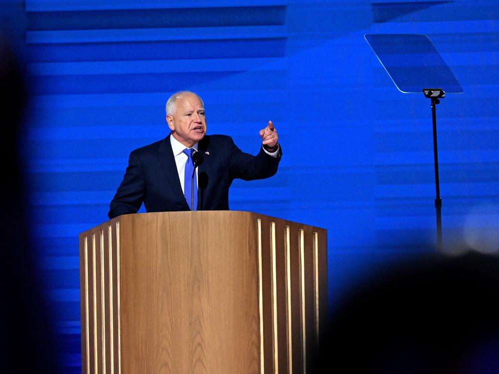 Minnesota Gov. and 2024 Democratic vice presidential candidate Tim Walz speaks on the third day of the Democratic National Convention in Chicago on August 21.