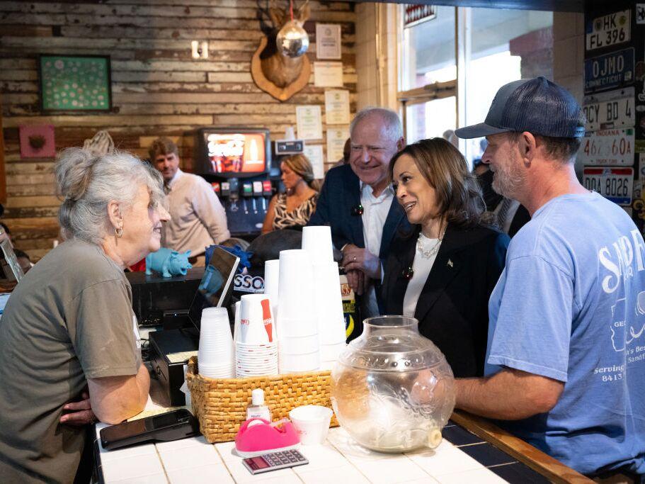 Vice President Harris and Gov. Tim Walz visit Sandfly Bar-B-Q restaurant in Savannah, Ga., on Wednesday.