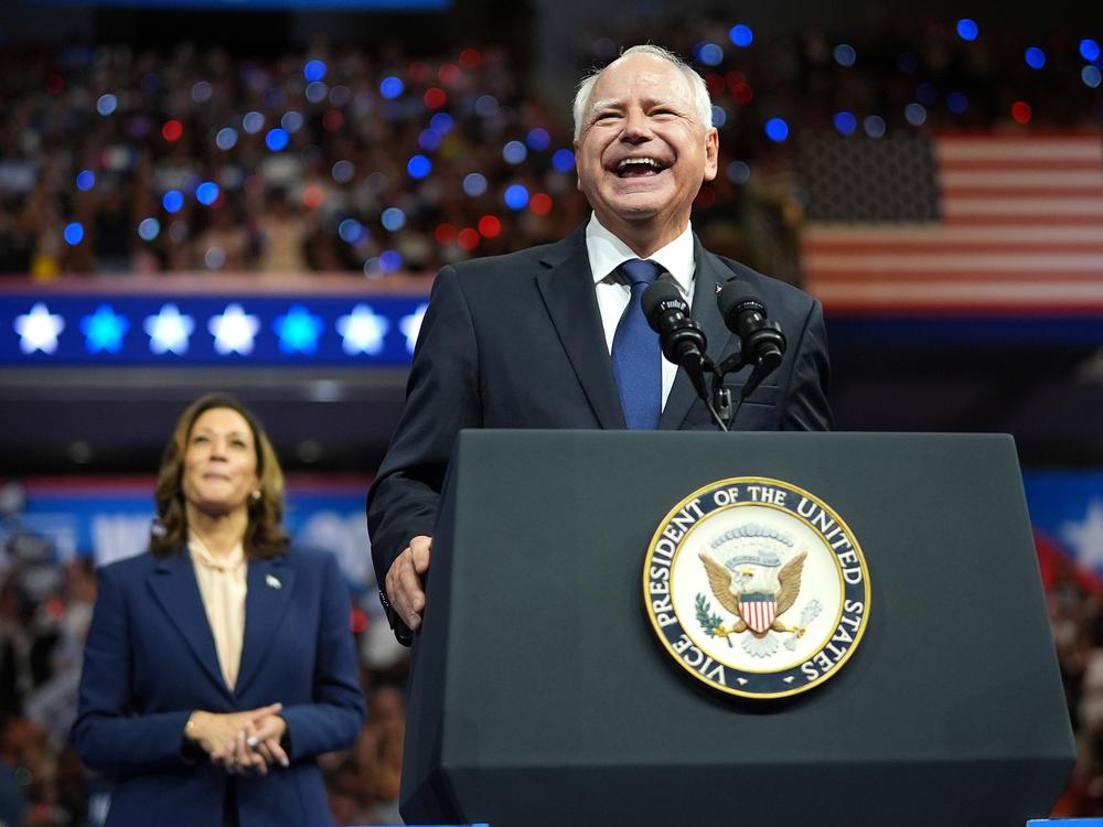 Democratic vice presidential candidate Minnesota Gov. Tim Walz speaks during a campaign rally with Democratic presidential candidate, U.S. Vice President Kamala Harris at the Liacouras Center at Temple University on August 6, 2024 in Philadelphia, Pennsylvania. 