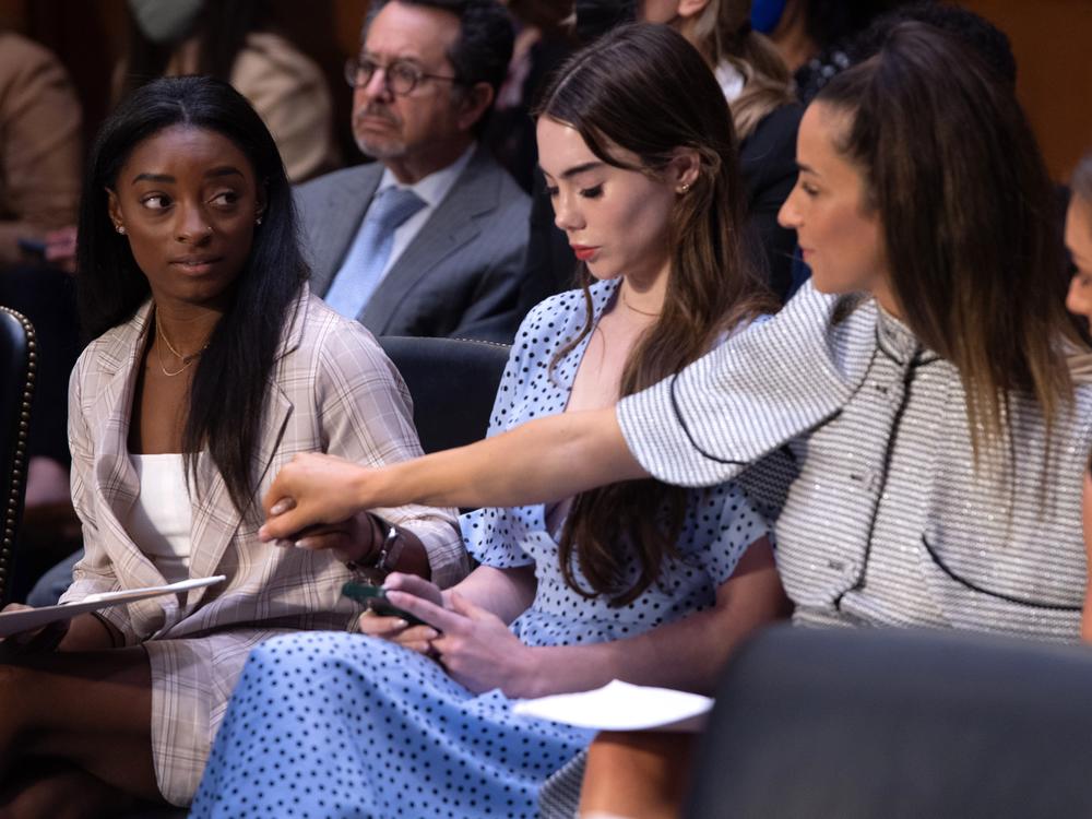 US gymnasts including Simone Biles, left, arrive to testify during a Senate Judiciary hearing about a prior Inspector General report on the FBI handling of the Larry Nassar investigation of sexual abuse of Olympic gymnasts in 2021 in Washington, D.C.