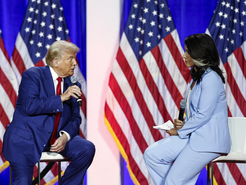 Former President and Republican presidential candidate Donald Trump (L) speaks during a town hall meeting moderated by former Rep. Tulsi Gabbard at La Crosse Center in La Crosse, Wisc., on Aug. 29, 2024. 