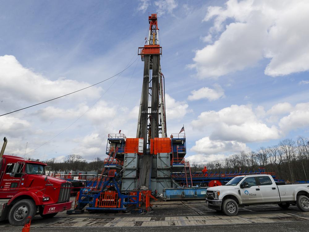 A shale gas well drilling site is pictured in 2020 in St. Mary's, Pa., a key battleground state where the fracking industry has brought in jobs.