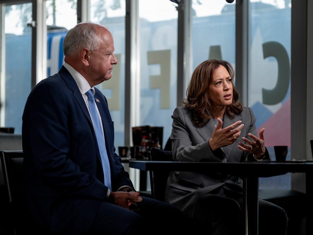 Minnesota Gov. Tim Walz and Vice President Harris are interviewed by CNN’s Dana Bash at Kim’s Cafe in Savannah, Ga., on Thursday.