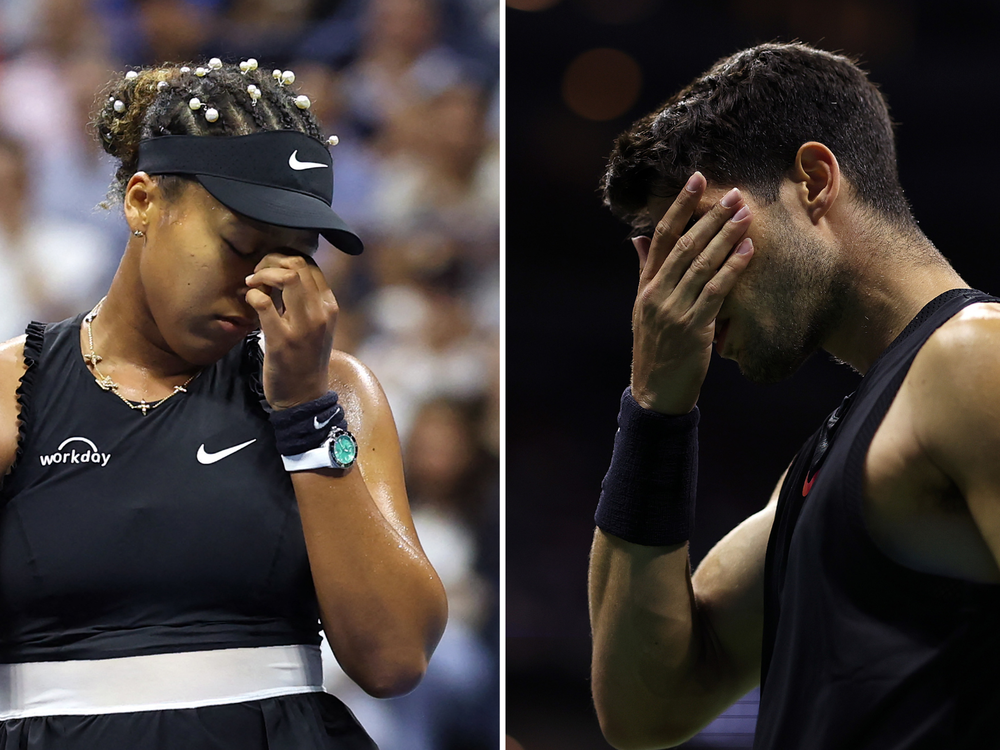 Naomi Osaka, left, and Carlos Alcaraz react during their second-round matches on Thursday at the U.S. Open in Queens, New York.