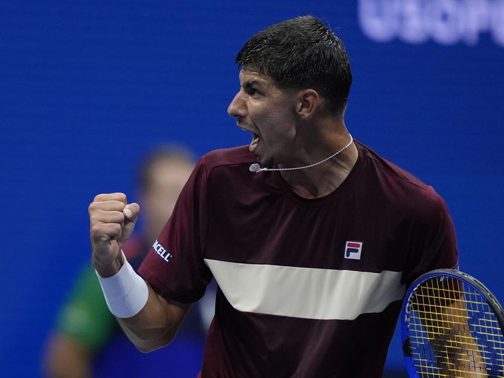 Alexei Popyrin of Australia reacts against Novak Djokovic during a third round match of the U.S. Open tennis championships on Friday.