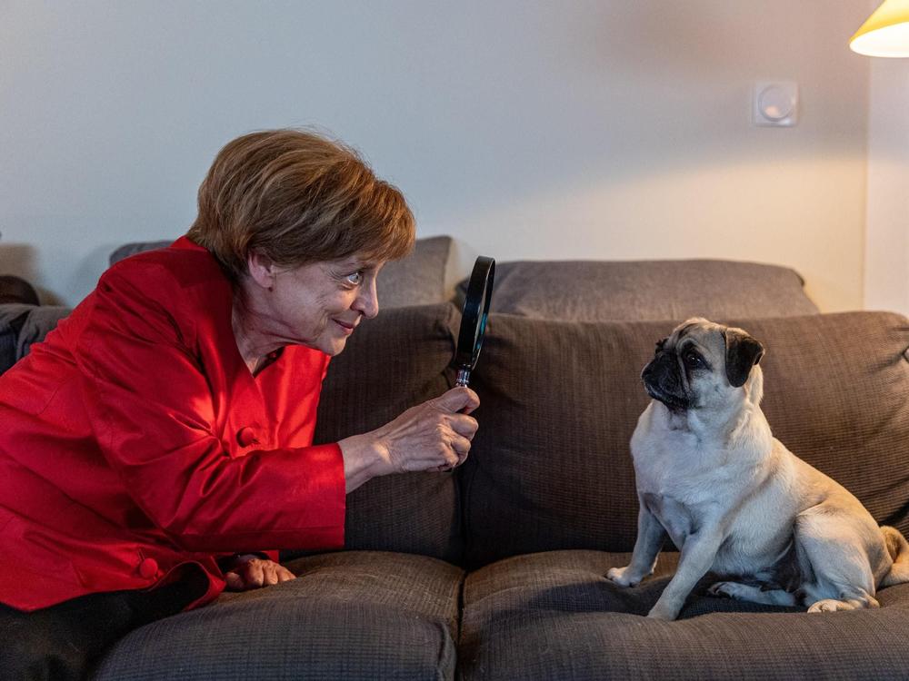 In a scene from the German TV series <em>Miss Merkel</em>, actress Katharina Thalbach, playing the amateur detective based on the former German Chancellor Angela Merkel, takes a closer look at her pug Helmut.
