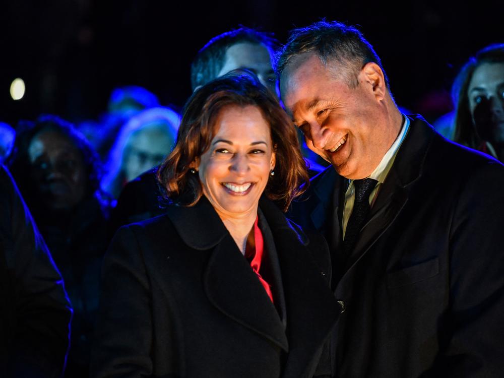 In this file photo, Vice President Harris (L) and second gentleman Doug Emhoff attend the 100th National Christmas Tree Lighting on The Ellipse south of the White House in Washington, D.C., on Nov. 30, 2022. Harris and Emhoff host holiday celebrations at their official residence, including recently for Diwali and Rosh Hashanah.