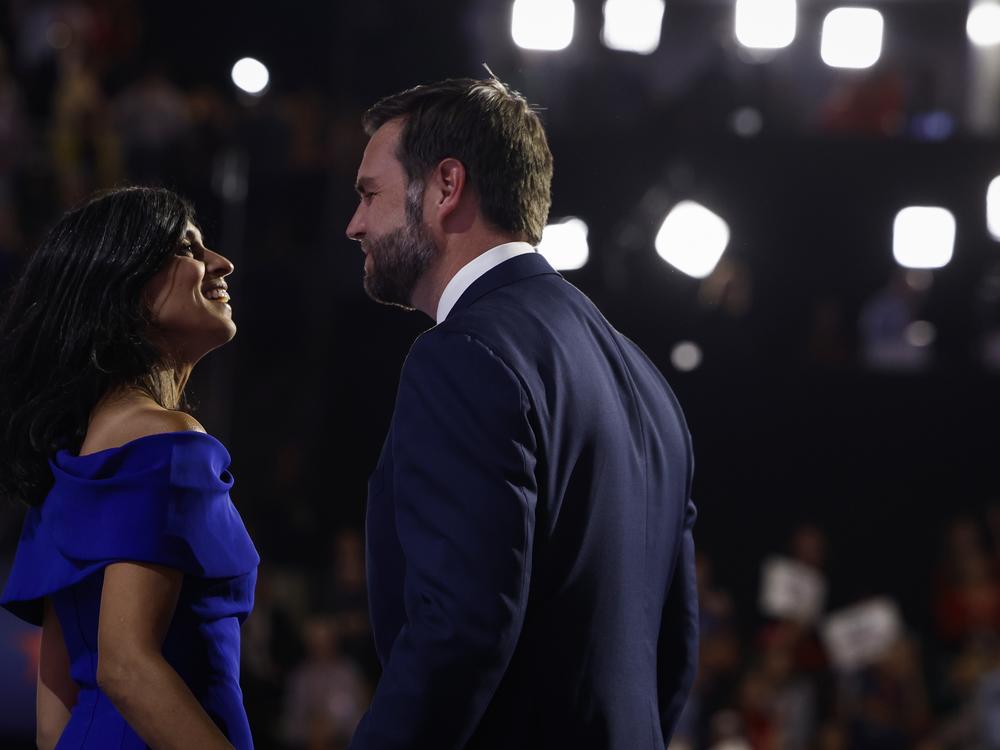Republican vice presidential candidate, Sen. JD Vance (R-OH) is joined by his wife Usha Chilukuri Vance on stage on the third day of the Republican National Convention in Milwaukee.