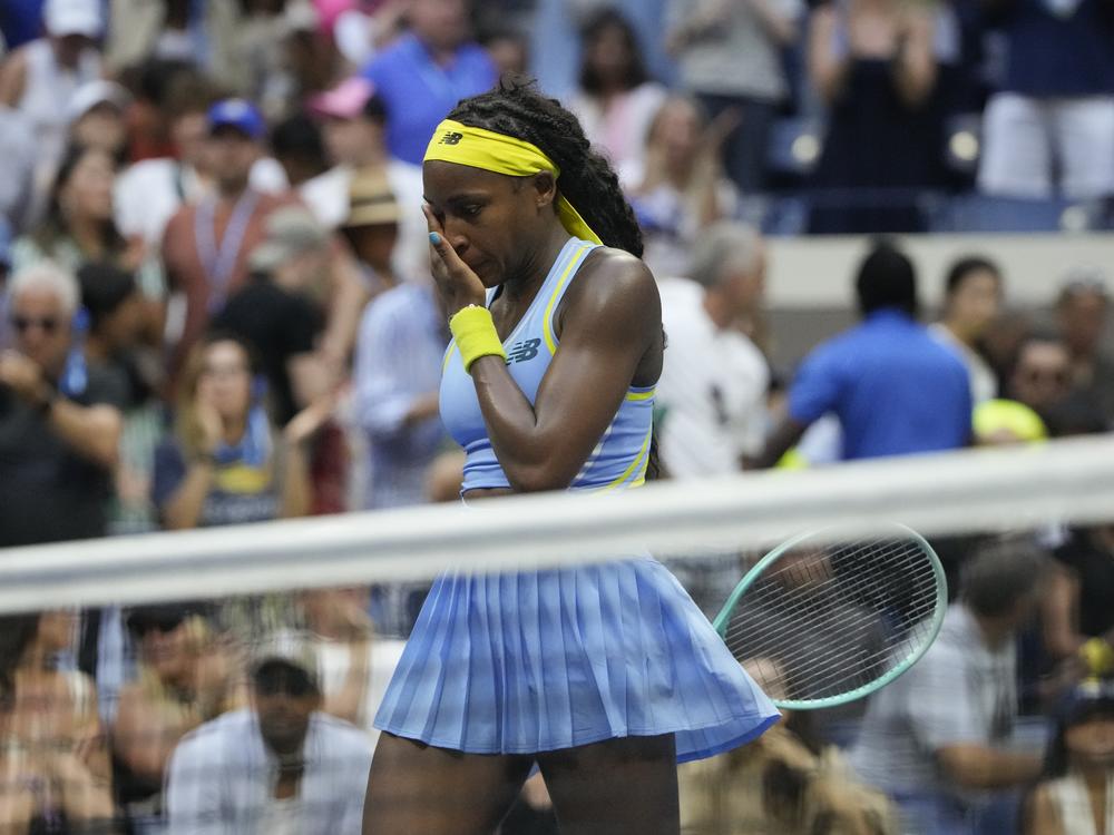 Coco Gauff, of the United States, reacts after losing to Emma Navarro, of the United States, during the fourth round of the U.S. Open tennis championships, Sunday, Sept. 1, in New York. 2024.