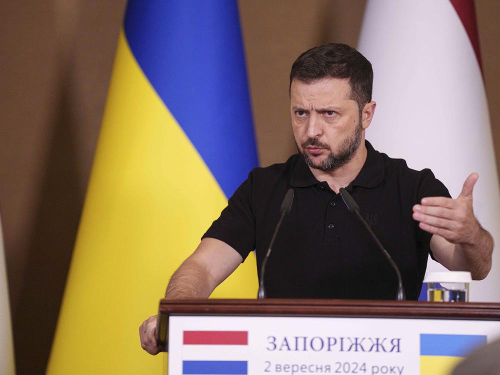 Ukrainian President Volodymyr Zelenskyy speaks during a joint press conference with Netherlands' Prime Minister Dick Schoof in Zaporizhzhia, Ukraine, Monday.