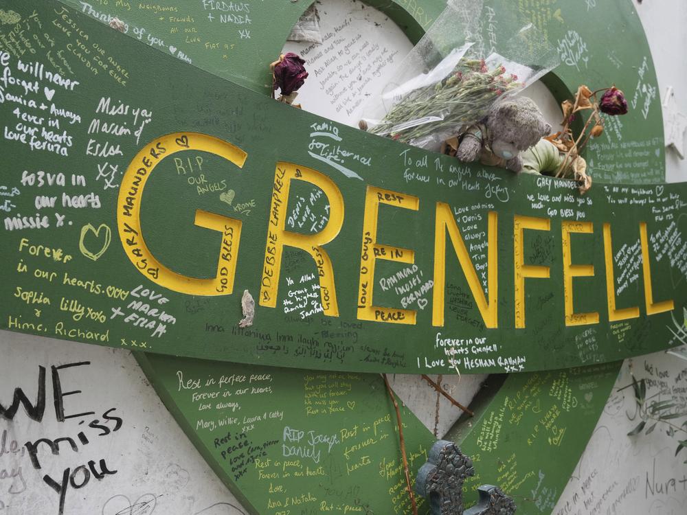 A view on Sept. 2, 2024 of the memorial wall by the remains of the Grenfell Tower where 72 people were killed in June 2017.