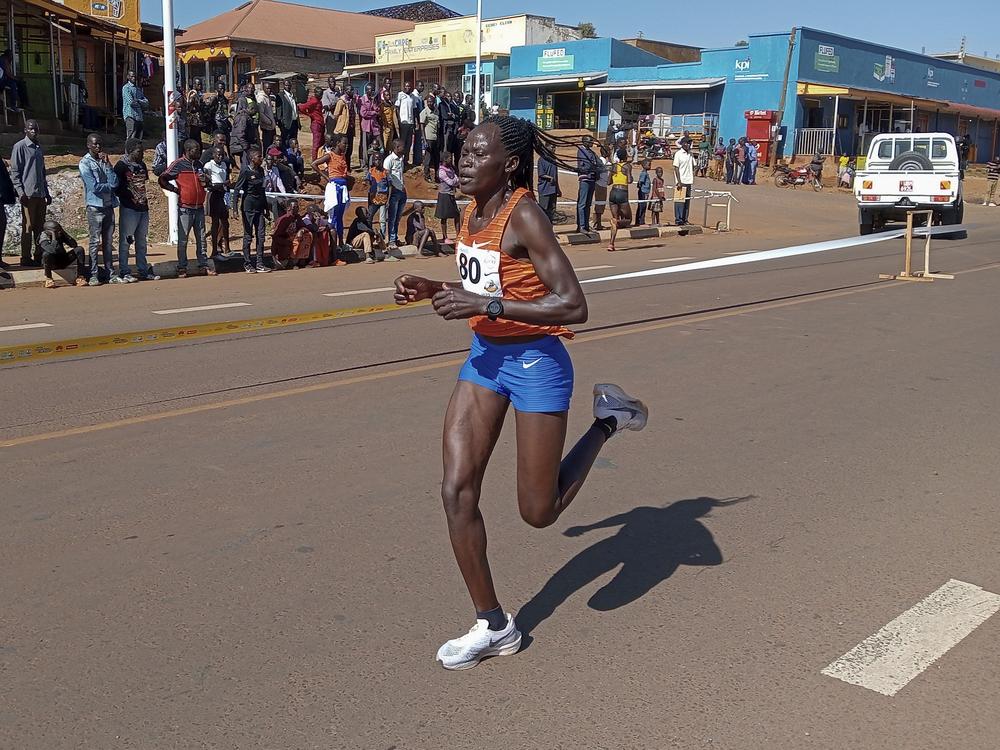 Rebecca Cheptegei is seen competing at the Discovery 10km road race in Kapchorwa, Uganda, on Jan. 20, 2023.