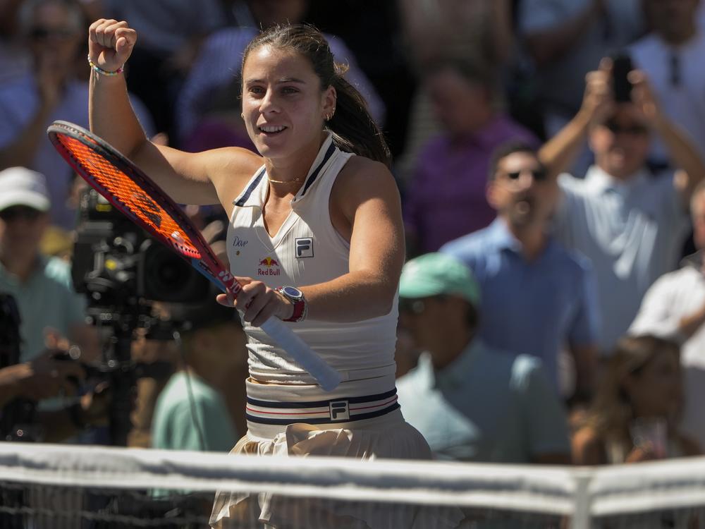 Emma Navarro reacts after defeating Paula Badosa, of Spain, during the quarterfinals of the U.S. Open tennis championships, Tuesday, Sept. 3, 2024, in New York.