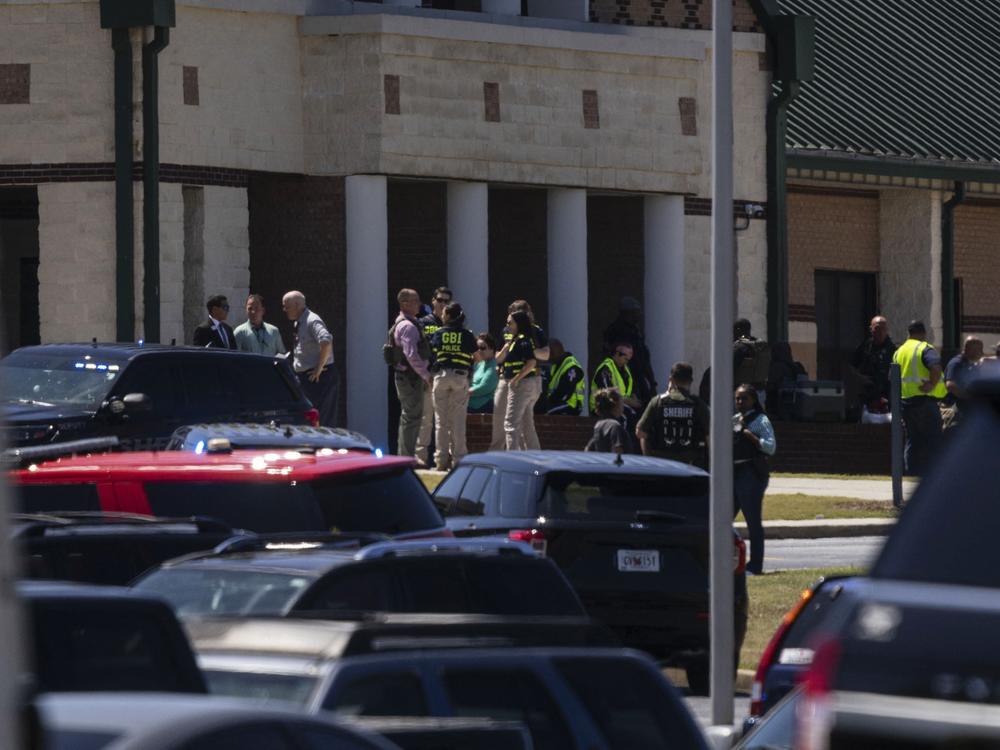 Law enforcement and first responders respond to Apalachee High School in Winder, Ga., on Wednesday, after a shooting was reported.
