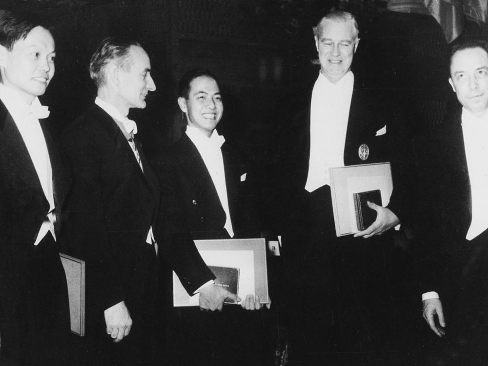 From left: Chen Ning Yang of the Institute for Advanced Study; Daniel Bovet of Rome; Tsung-Dao Lee of Columbia University; Alexander Todd of Cambridge University, England; and Albert Camus, of France. All are shown after receiving Nobel Prizes in Stockholm, Sweden, Dec. 10, 1957.