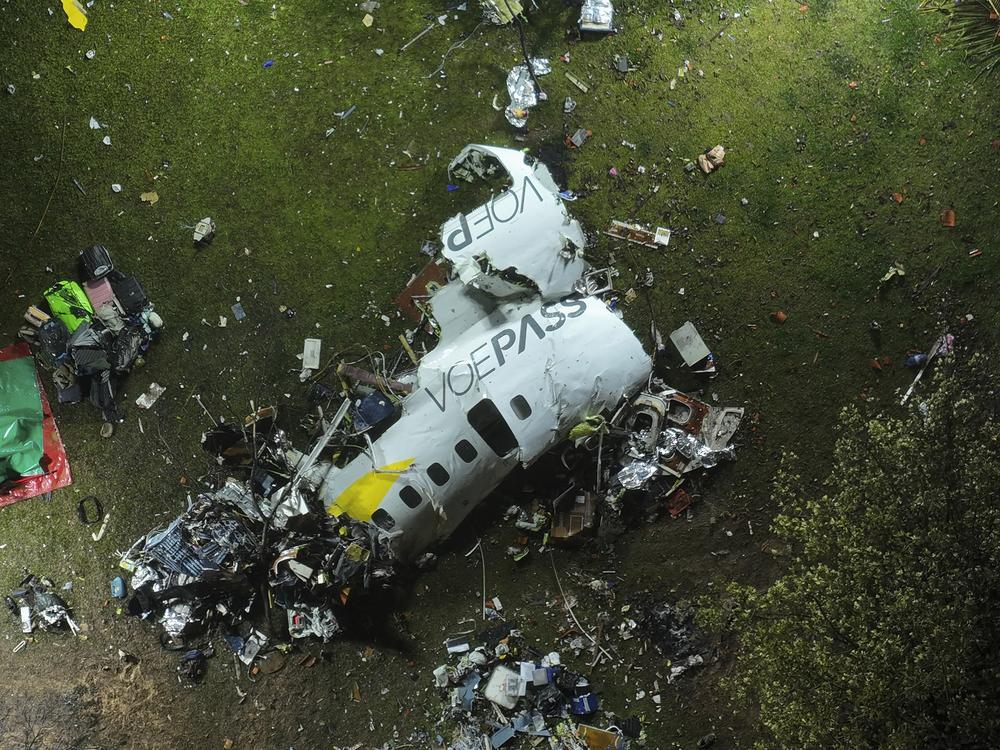 The debris at the site where an airplane crashed with 62 people on board, in Vinhedo, Sao Paulo state, Brazil, early on Saturday, Aug. 10, 2024. 