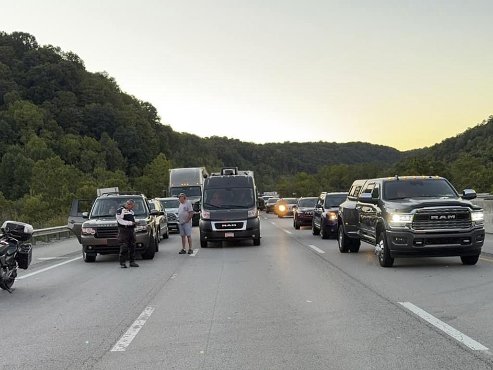 This image released by the Mount Vernon Fire Department shows traffic stopped during an active shooting on Interstate 75 north of London, Ky., on Saturday.