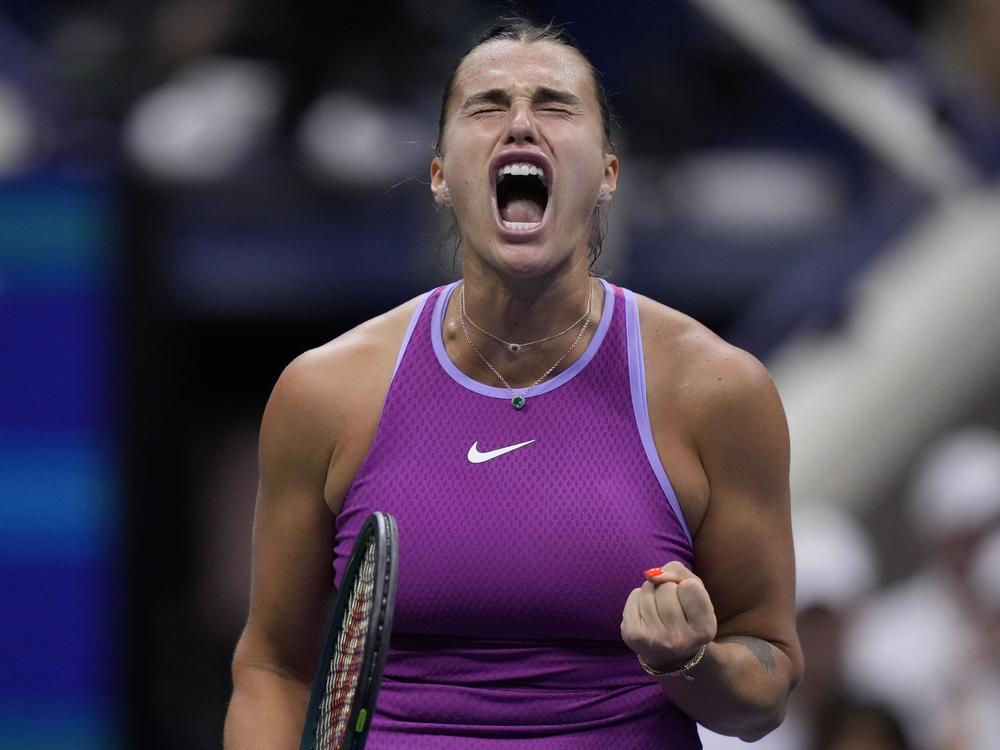 Aryna Sabalenka, of Belarus, reacts against Jessica Pegula, of the United States, during the women's singles final of the U.S. Open tennis championships on Saturday in New York.