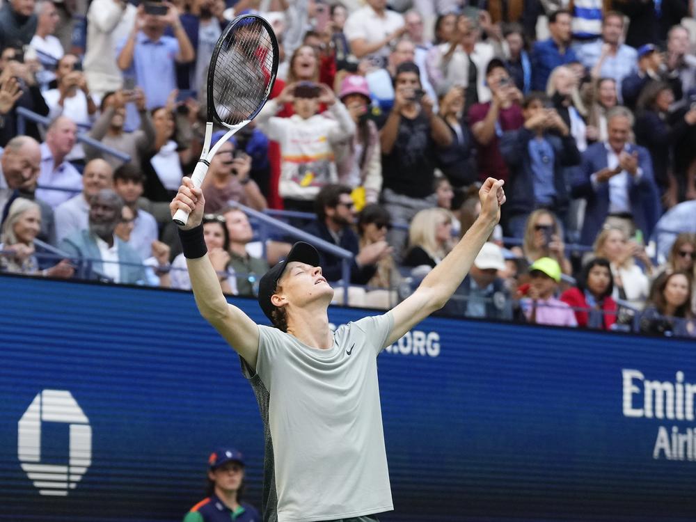 Jannik Sinner, of Italy, reacts after defeating Taylor Fritz, of the United States, to win the men's singles final of the U.S. Open tennis championships, Sunday, Sept. 8, 2024, in New York.