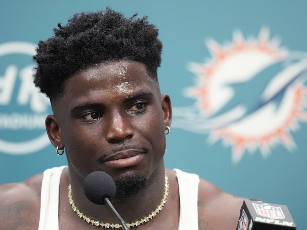 Miami Dolphins wide receiver Tyreek Hill speaks during an NFL football post game news conference on Sunday in Miami Gardens, Fla. The Dolphins defeated the Jaguars 20-17. 