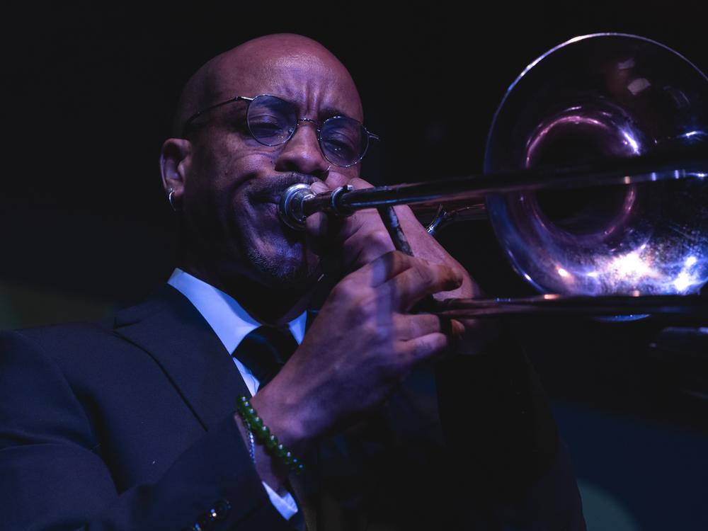 Reginald Cyntje plays trombone with the JazzDC All-Stars on opening night of DC JazzFest at The Hamilton Live in Washington, D.C.