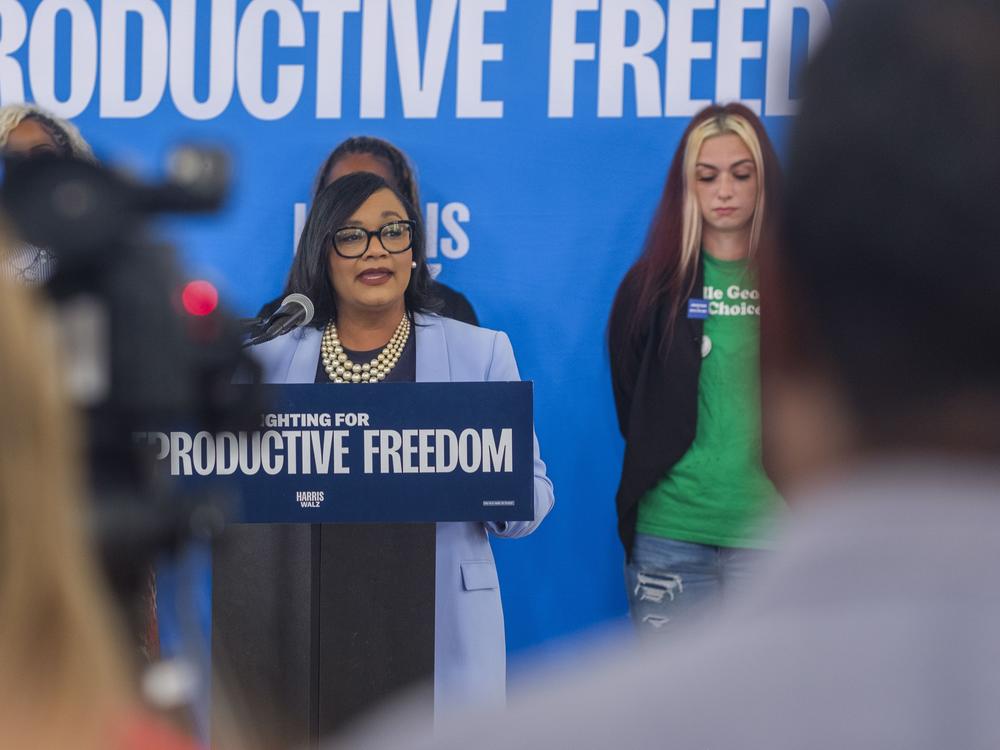 Rep. Nikema Williams, D-Ga., speaks to a group of Kamala Harris supporters in Macon about reproductive rights during a bus tour with other Harris surrogates.