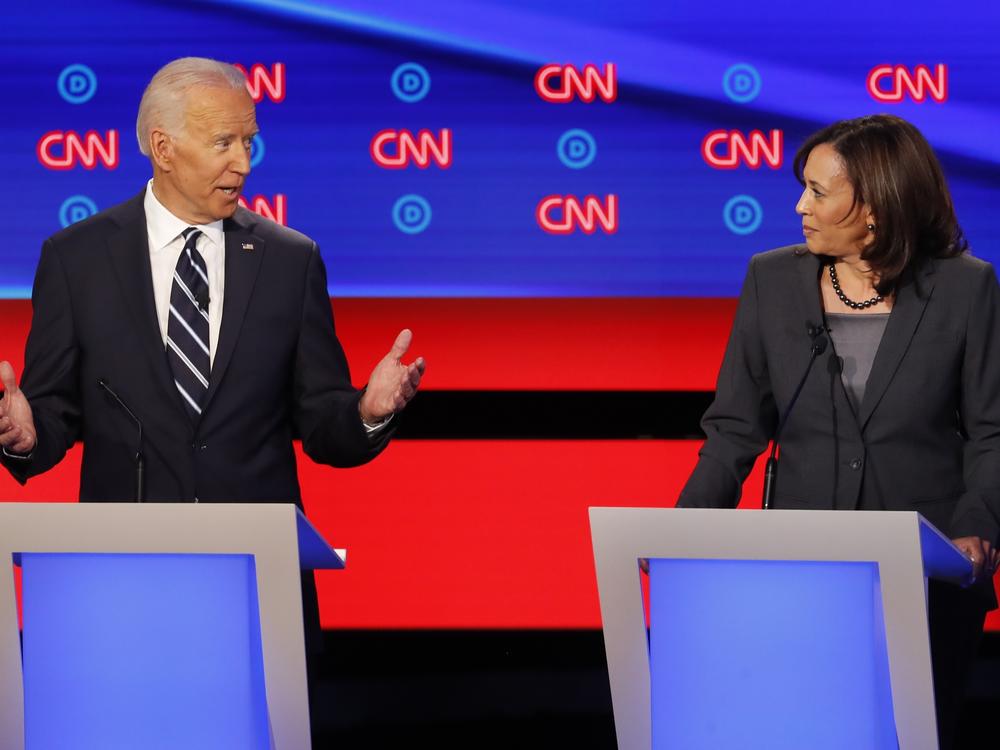 Joe Biden, then vice president, and Kamala Harris, then a U.S. senator from California, debate during the Democratic primaries on July 31, 2019, in Detroit.
