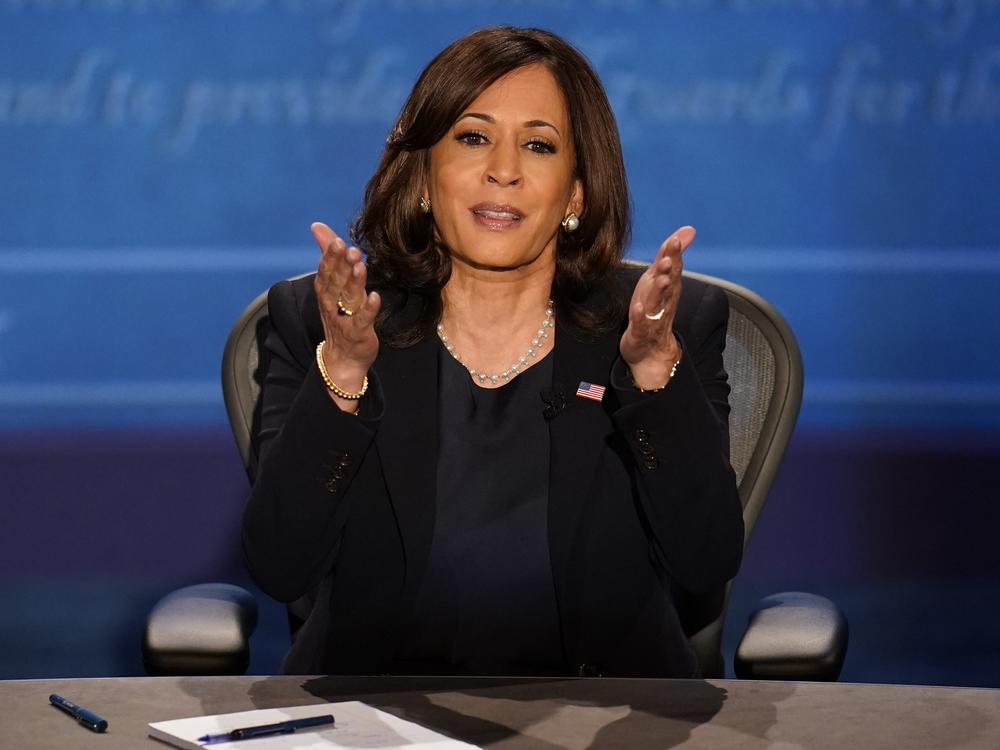 Then-Sen. Kamala Harris, D-Calif., makes a point during a debate with Vice President Mike Pence on Oct. 7, 2020, in Salt Lake City.