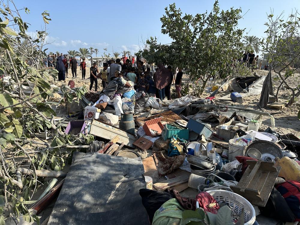 Rubble is strewn at the site of the strike.