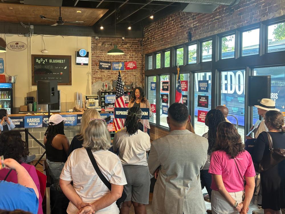 Latorya Beasley speaks in Atlanta on Sept. 6 about her experience with IVF. Her fertility treatments were delayed after an Alabama Supreme Court ruling put the procedure in legal question. Beasley blames former President Donald Trump and is campaigning with the Harris team as part of its 