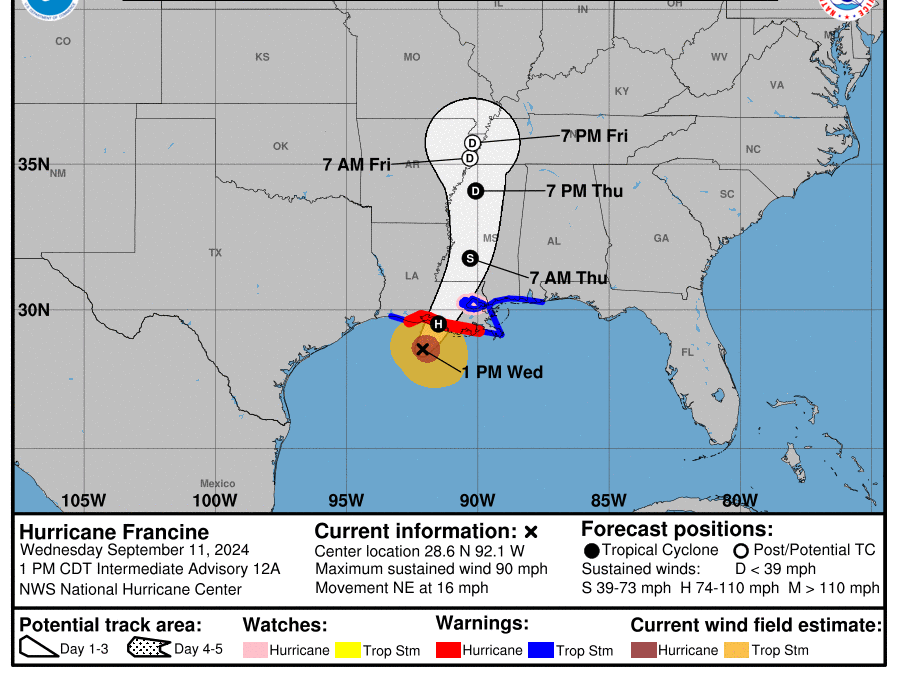 A cone on a map of the Gulf of Mexico shows the expected path of Hurricane Francine as it makes its way toward the Louisiana coast. The storm is forecast to make landfall on Wednesday afternoon or evening, and weaken as it moves toward Mississippi. 