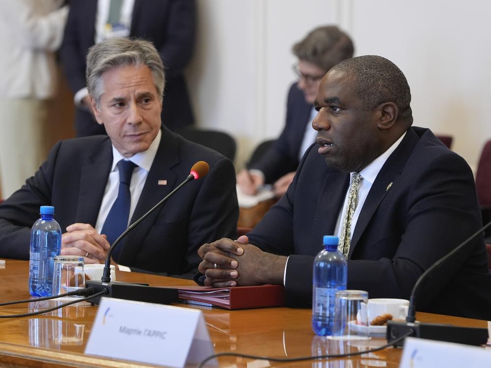 U.S. Secretary of State Antony Blinken and Britain's Foreign Secretary David Lammy meet with Ukraine's Foreign Minister Andrii Sybiha at the Ministry of Foreign Affairs in Kyiv, Ukraine, Wednesday. 