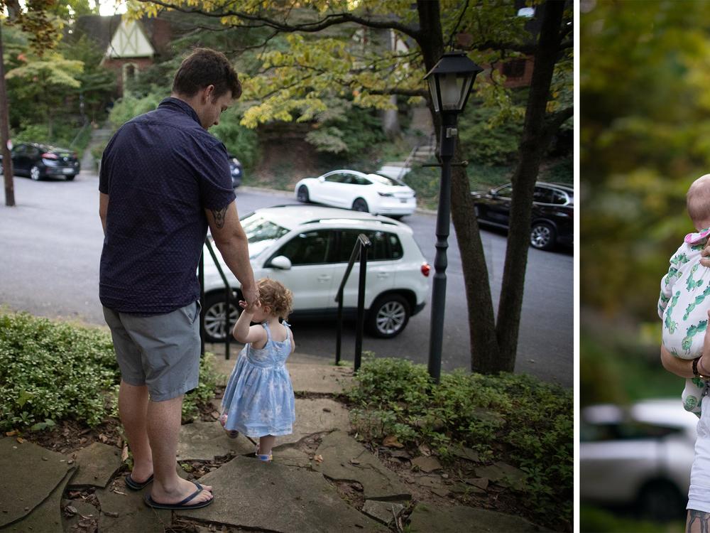  After waving goodbye to the delivery person, the du Plessises' children wait outside with their parents. 