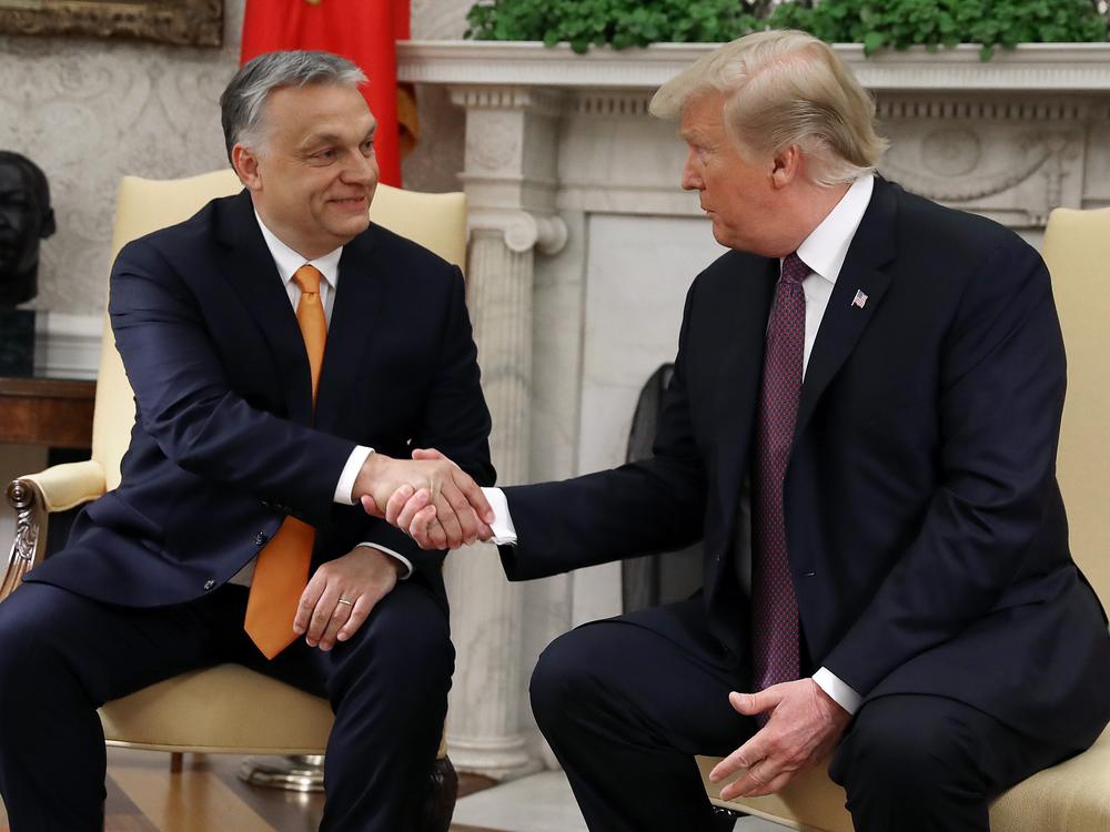 Then President Donald Trump shakes hands with Hungarian Prime Minister Viktor Orban during a meeting in the Oval Office in May 2019.