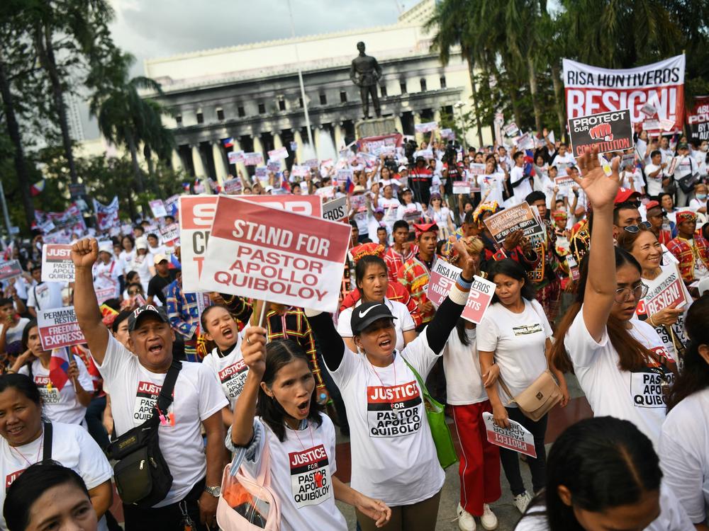 Supporters of Apollo Quiboloy, founder of the Philippines-based Kingdom of Jesus Christ church, held a prayer rally at a park in Manila in March, after the Philippines said March 4 it would file sexual abuse charges against the pastor.