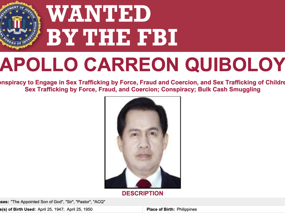 The FBI's Most Wanted poster for Pastor Apollo Quiboloy refers to his aliases — including 