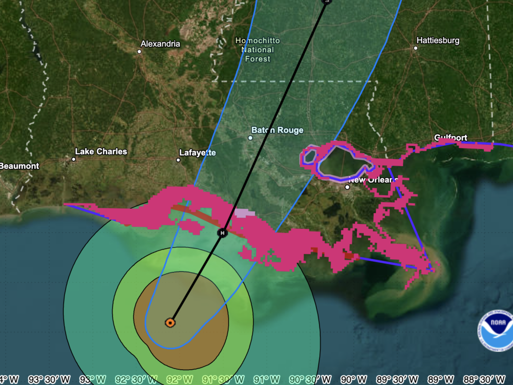 The center of Hurricane Francine is currently predicted to make landfall near Morgan City, La., west of New Orleans, as seen on this map. Forecasters warn that heavy rains and a storm surge of 5 to 10 feet will pose dire threats to people in low-lying areas and along the coast.