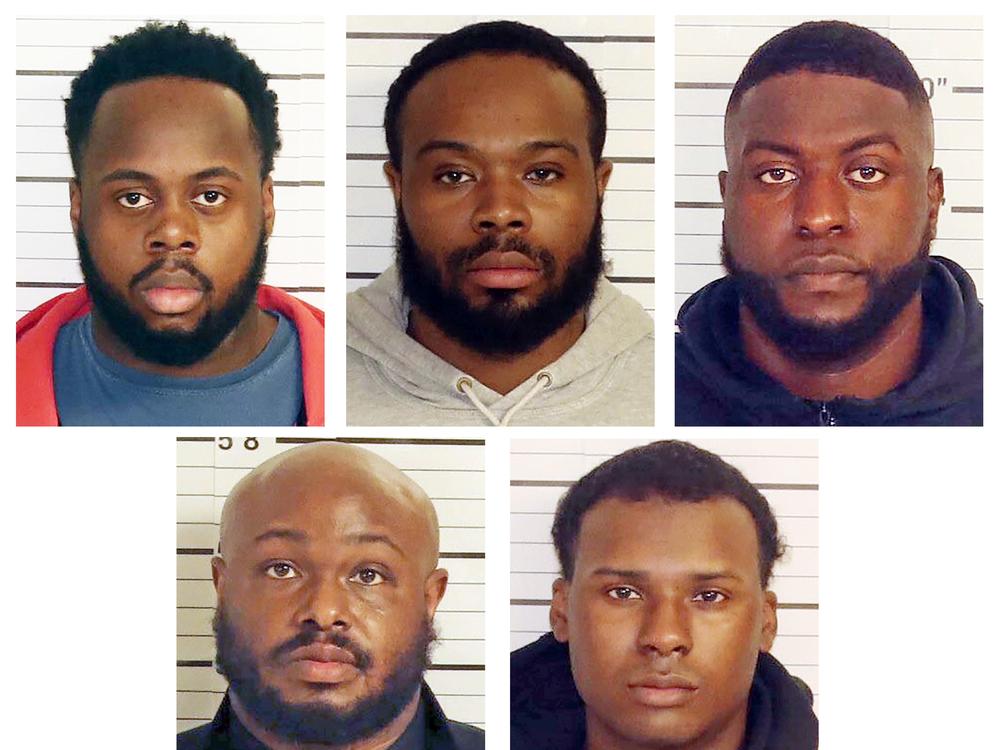 This combo of booking images shows, from top row from left, Tadarrius Bean, Demetrius Haley, Emmitt Martin III, bottom row from left, Desmond Mills, Jr. and Justin Smith. Smith, Bean and Haley go on trial Monday in the death of Tyre Nichols, a Black motorist who died three days after a confrontation with the officers during a 2023 traffic stop in Memphis.